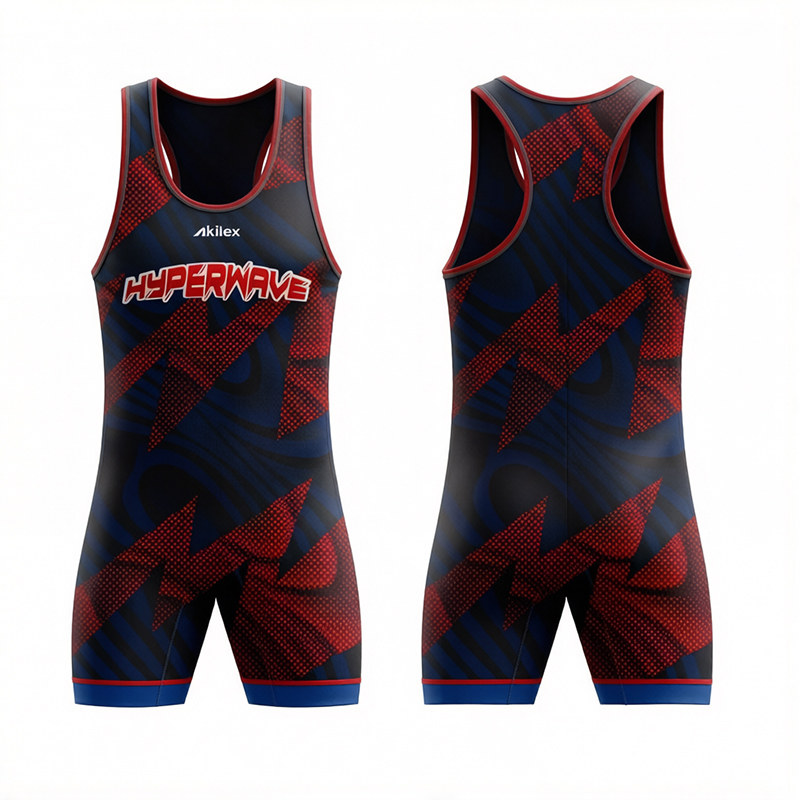 Black and red Hyperwave custom wrestling singlet, front and back