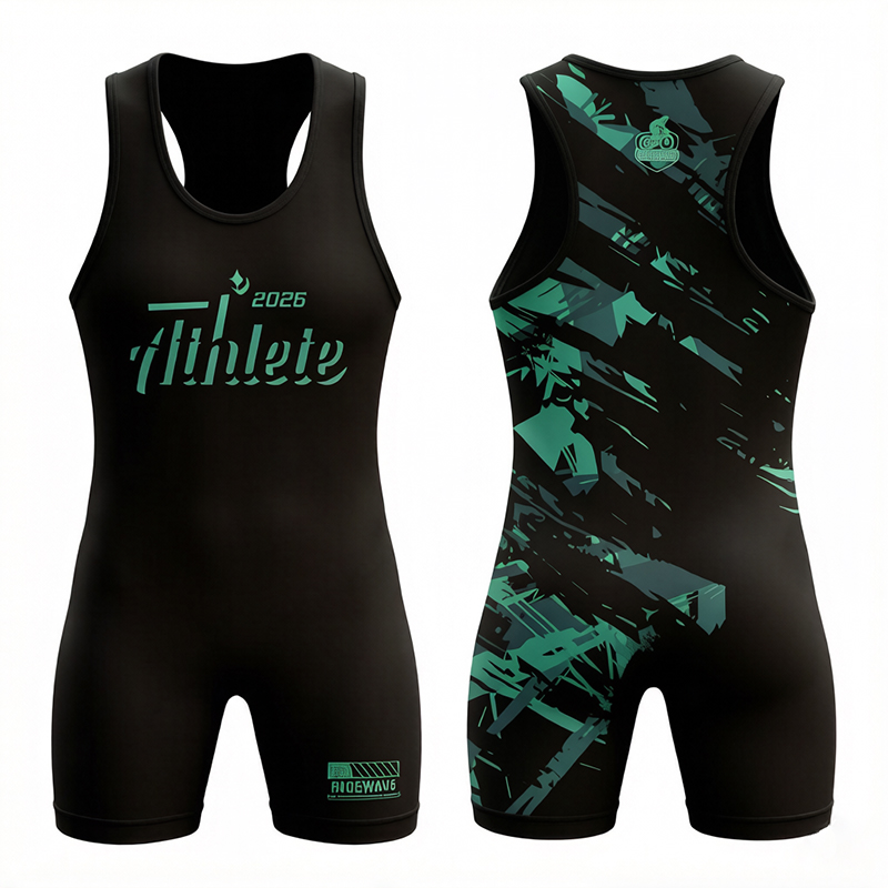 Black and teal custom wrestling singlet, front and back