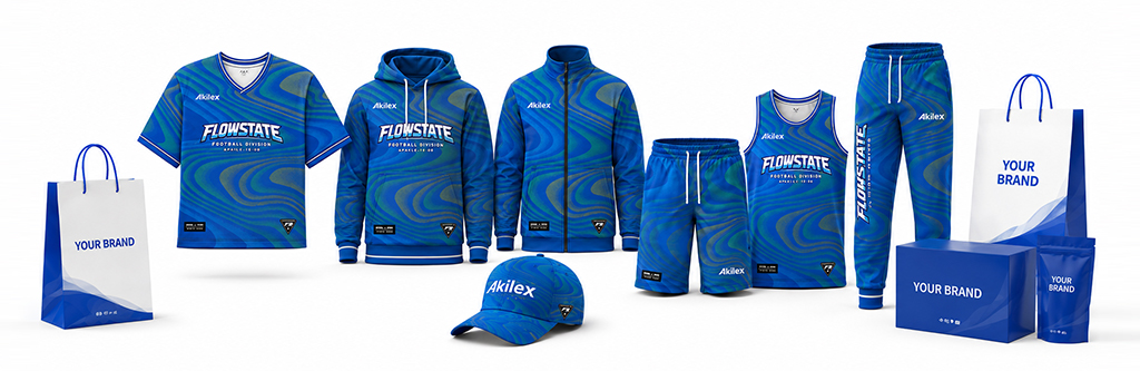 Blue custom teamwear range with branded packaging