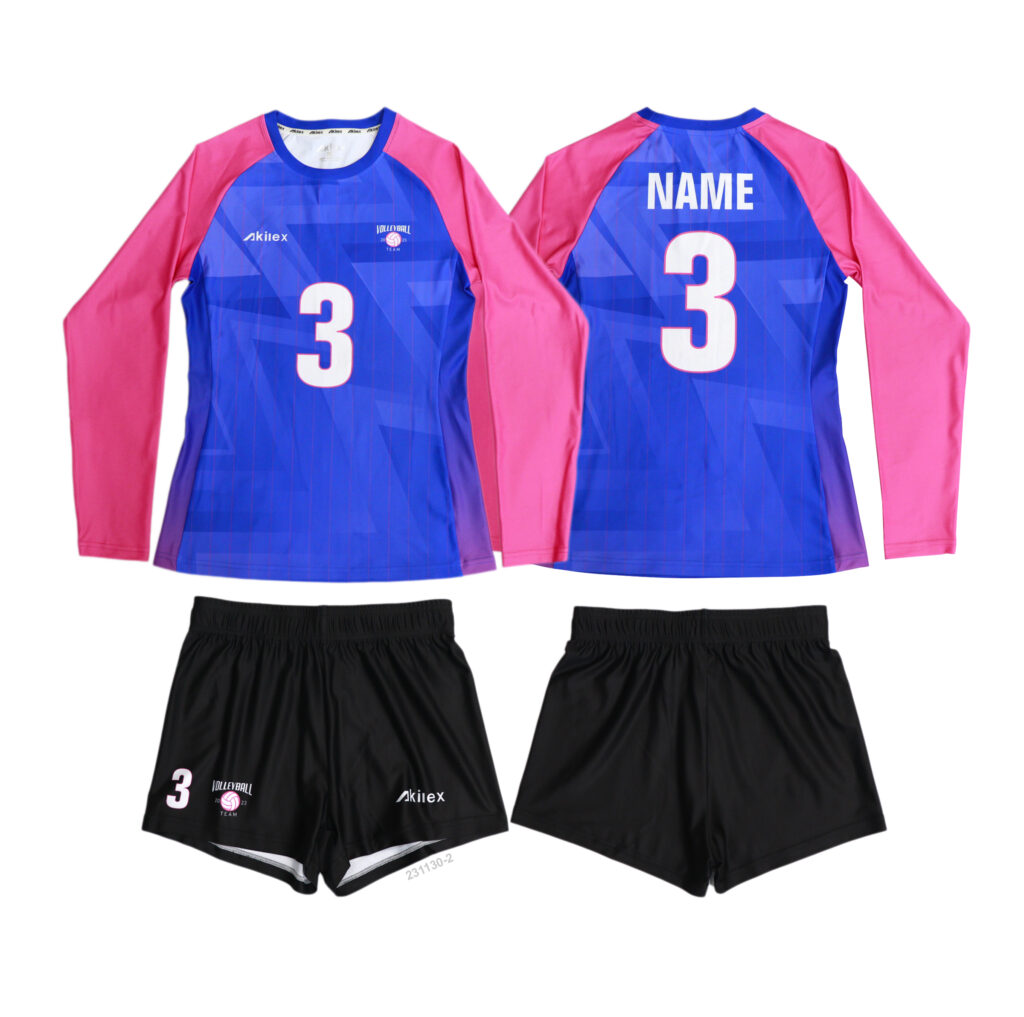 Front and back views of long sleeve volleyball jersey and shorts set