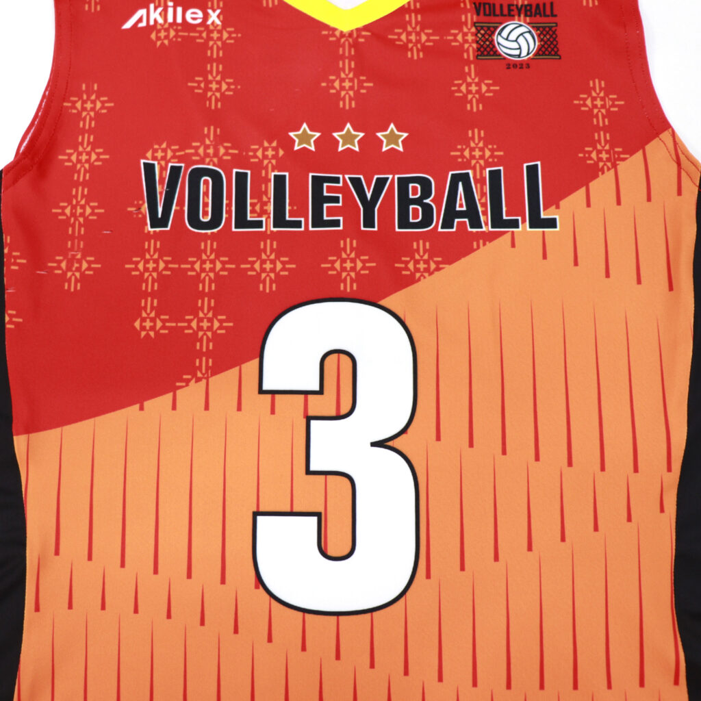 Front number print on orange sublimated volleyball jersey