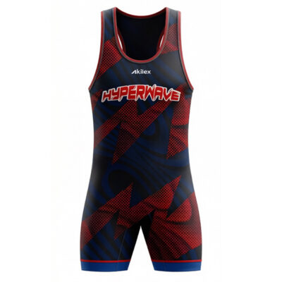 Navy and red custom sublimated wrestling singlet with geometric graphics