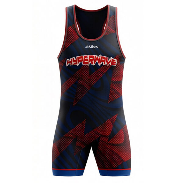 2616001 Navy and red custom sublimated wrestling singlet with geometric graphics