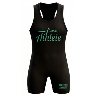 Black custom wrestling singlet with green Athlete logo
