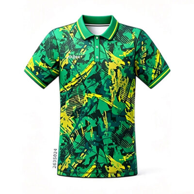 Custom Sublimated Polo Shirt Green Yellow Abstract Camo