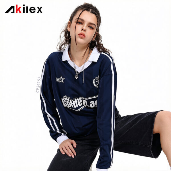 Custom Dark Blue Long Sleeve Sublimated Football Jersey