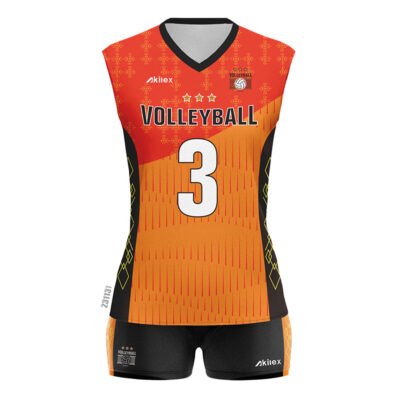Orange sublimated volleyball jersey and shorts team uniform set