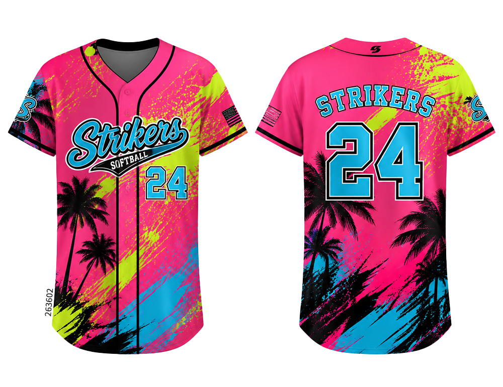 Pink Strikers custom sublimated softball jersey, front and back