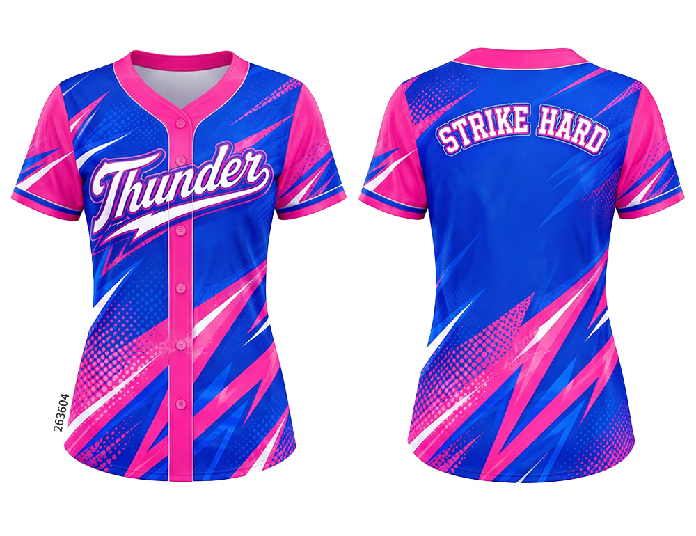 Blue and pink Thunder custom sublimated softball jersey, front and back