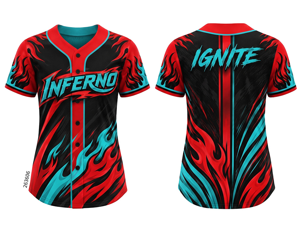 Black and red Inferno custom sublimated softball jersey, front and back