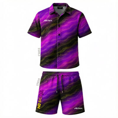 CS055&ST024 Custom Sublimated Resort Set - Purple Wave Shirt Shorts