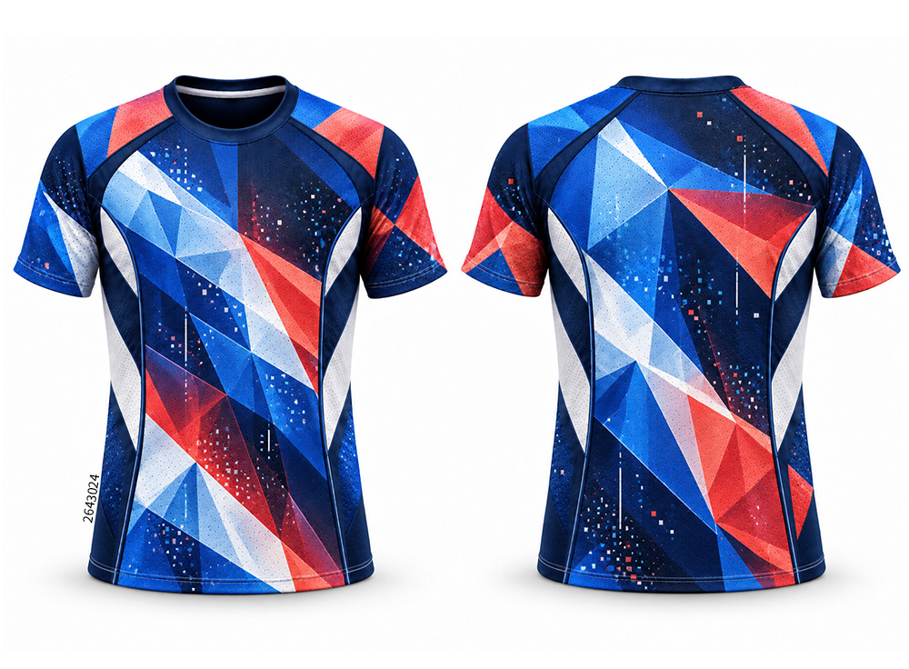 Front and back of a navy shirt with blue, red and white geometric shapes.