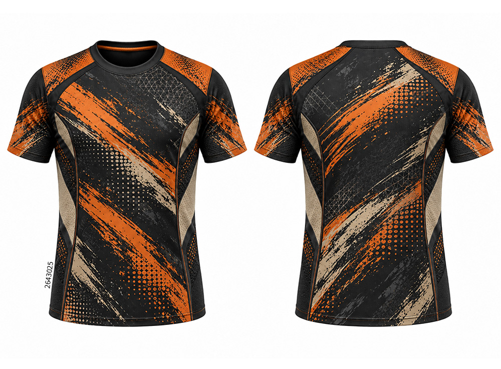 Front and back of a black shirt with orange and beige brushstroke patterns and dotted graphics.
