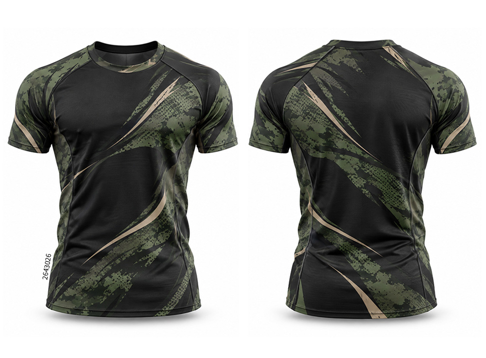 Front and back of a black shirt with olive camouflage panels and beige diagonal streaks.