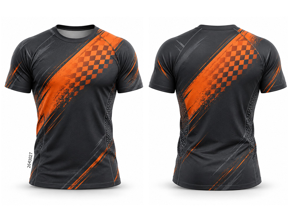 Front and back of a black shirt with an orange diagonal band and checkered pattern.
