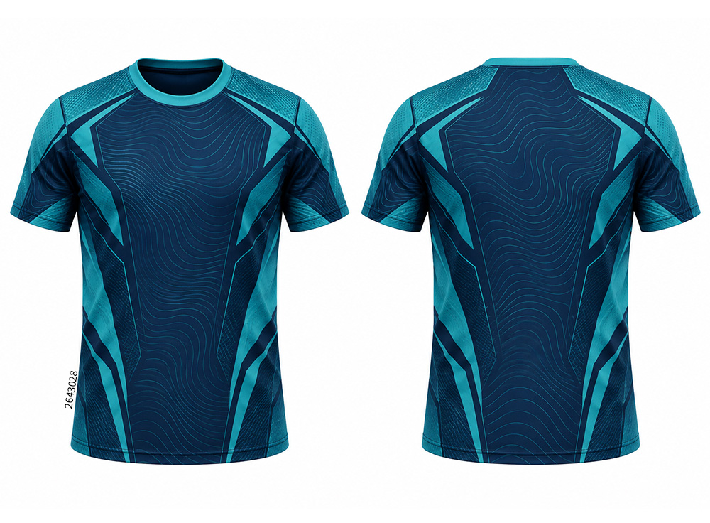 Front and back of a navy shirt with teal geometric panels and wavy line patterns.