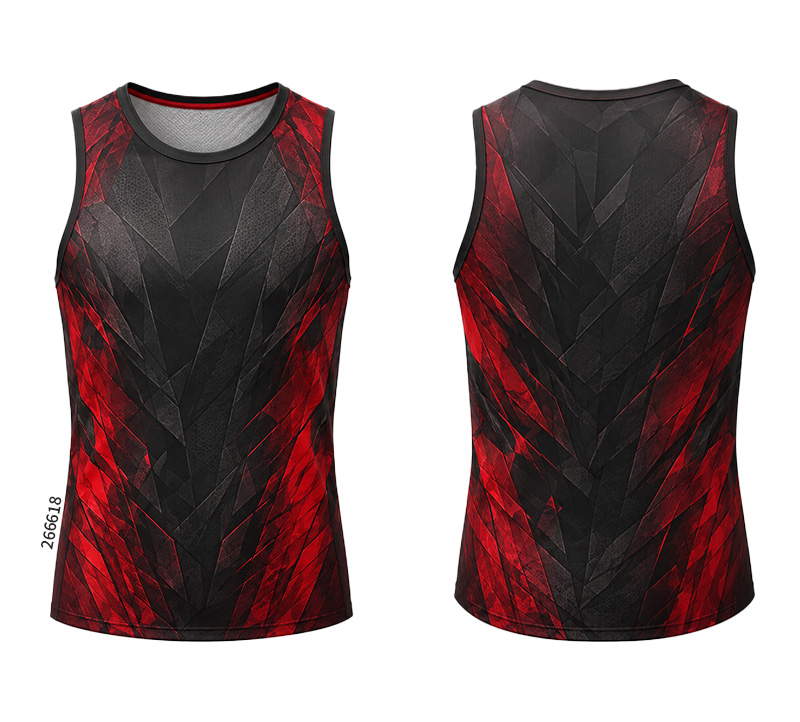 Front and back of a black tank top with red angular patterns along the sides.