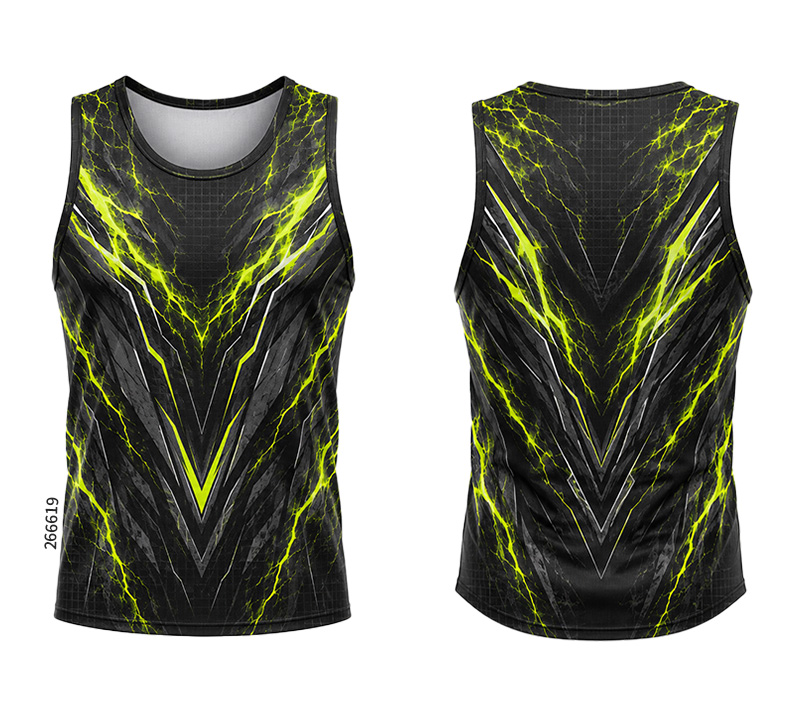 Front and back of a black tank top with lime lightning patterns and white chevrons.