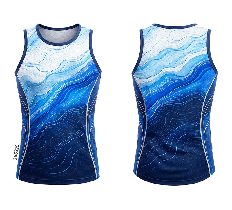 Front and back of a white and blue tank top with wavy lines and navy trim.