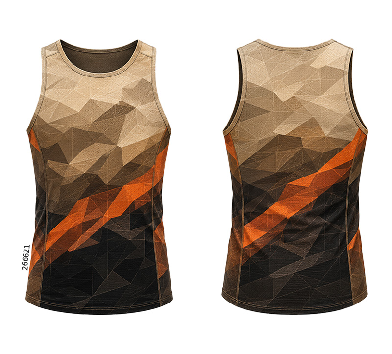 Front and back of a tan and black tank top with polygon patterns and an orange diagonal stripe.