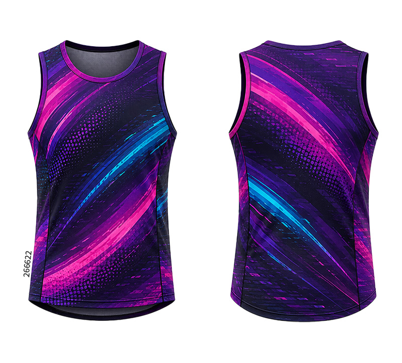Front and back of a purple tank top with pink and cyan diagonal streaks and dotted patterns.
