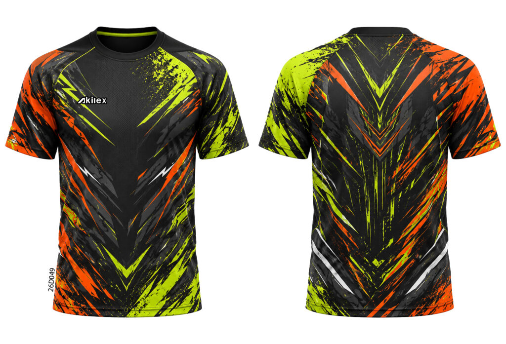 Front and back of a black shirt with orange and lime angular patterns and a chest wordmark.