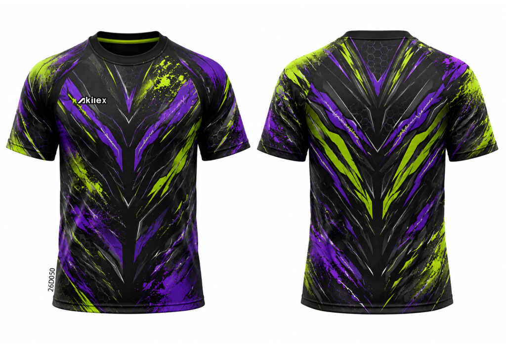 Front and back of a black shirt with purple and lime angular patterns and a chest wordmark.