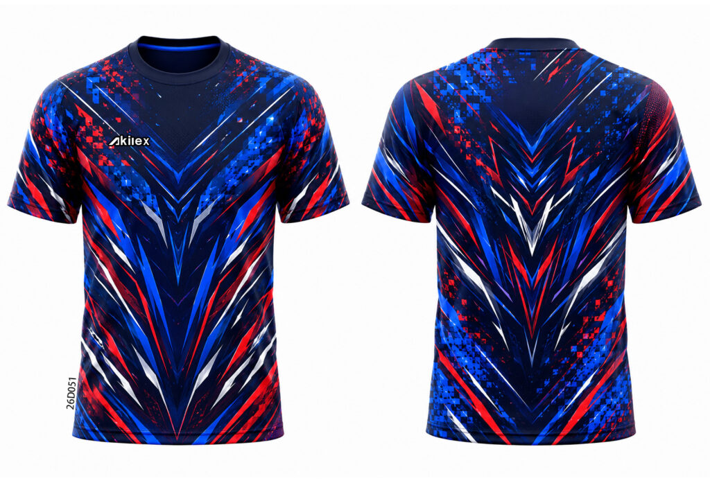 Front and back of a navy shirt with red, blue and white angular patterns and a chest wordmark.