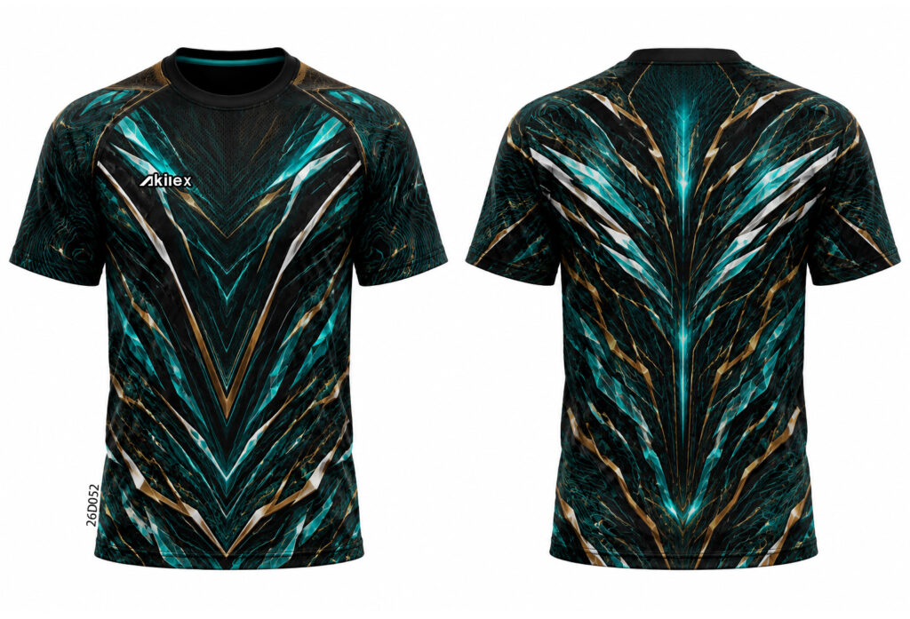 Front and back of a black shirt with teal, gold and white angular patterns and a chest wordmark.