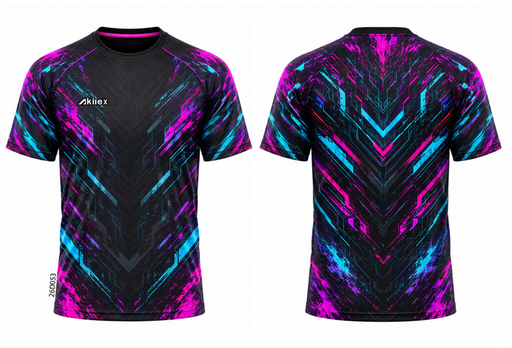 Front and back of a black shirt with pink and cyan geometric patterns and a chest wordmark.