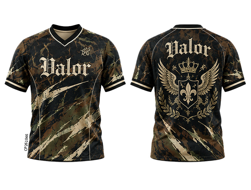 Front and back of a black and brown shirt with gold lettering and a winged crest.