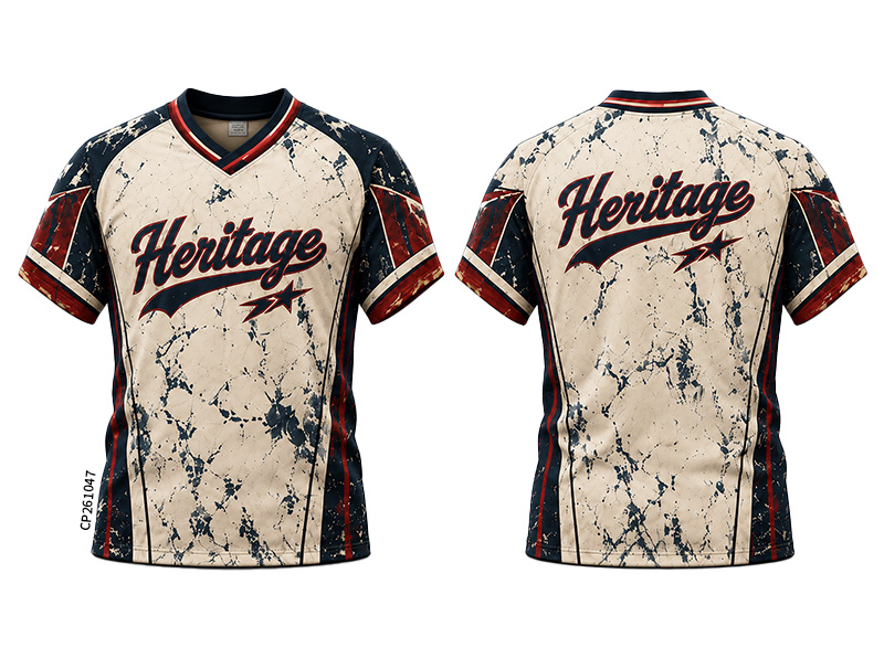 Front and back of a cream shirt with navy and red panels, mottled patterns and large lettering.