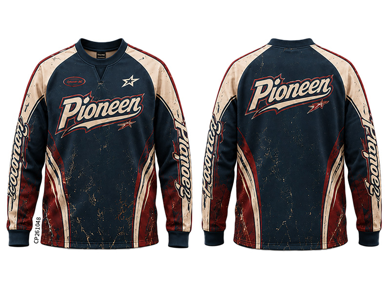Front and back of a navy long-sleeved shirt with cream and red panels, lettering and stars.