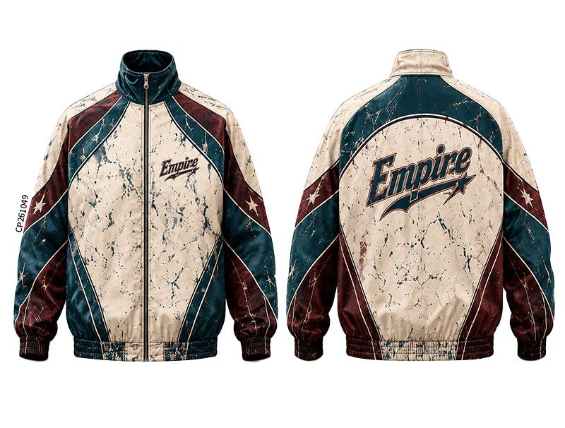 Front and back of a cream zip-up jacket with teal and burgundy panels, lettering and star graphics.