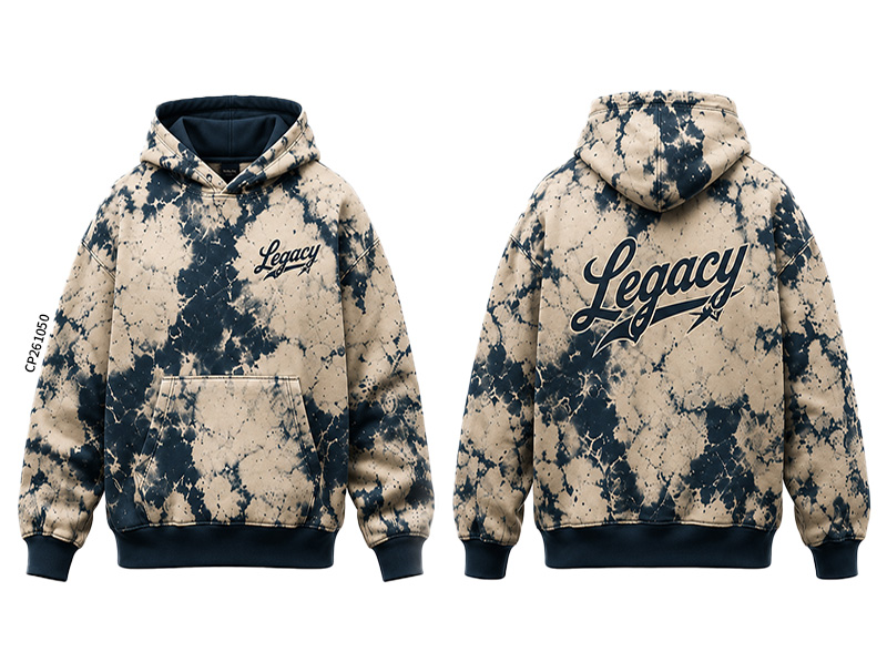 Front and back of a cream and navy mottled hoodie with lettering and a front pocket.