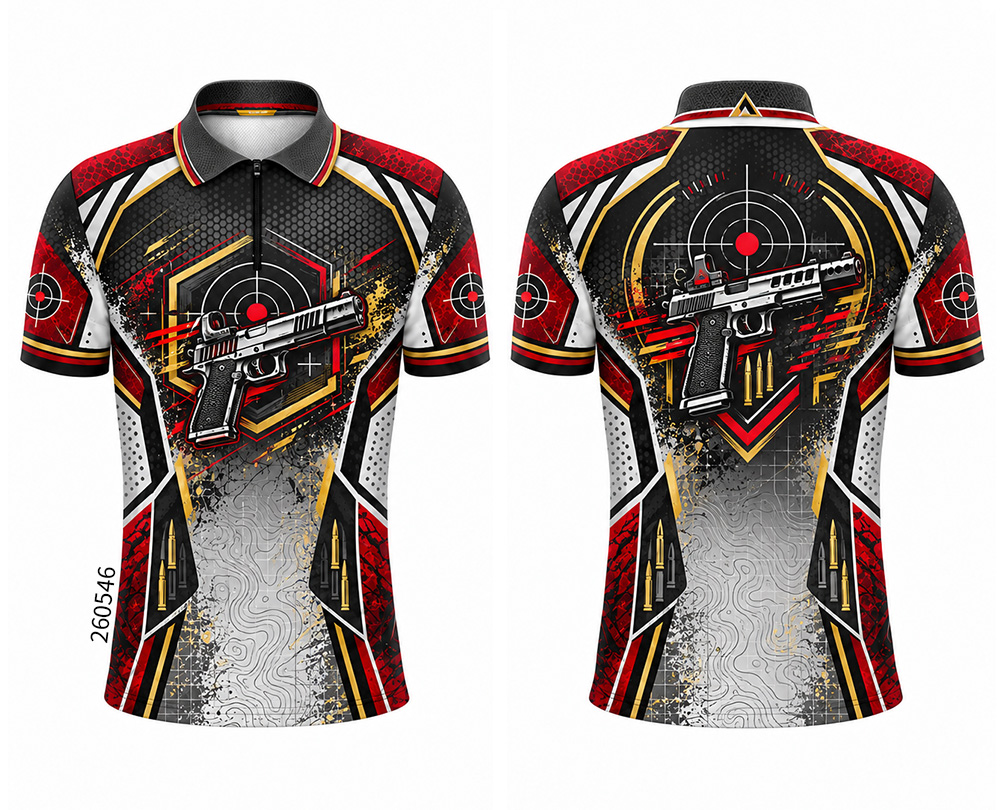 Front and back of a black, red and white collared shirt with pistol and target graphics.