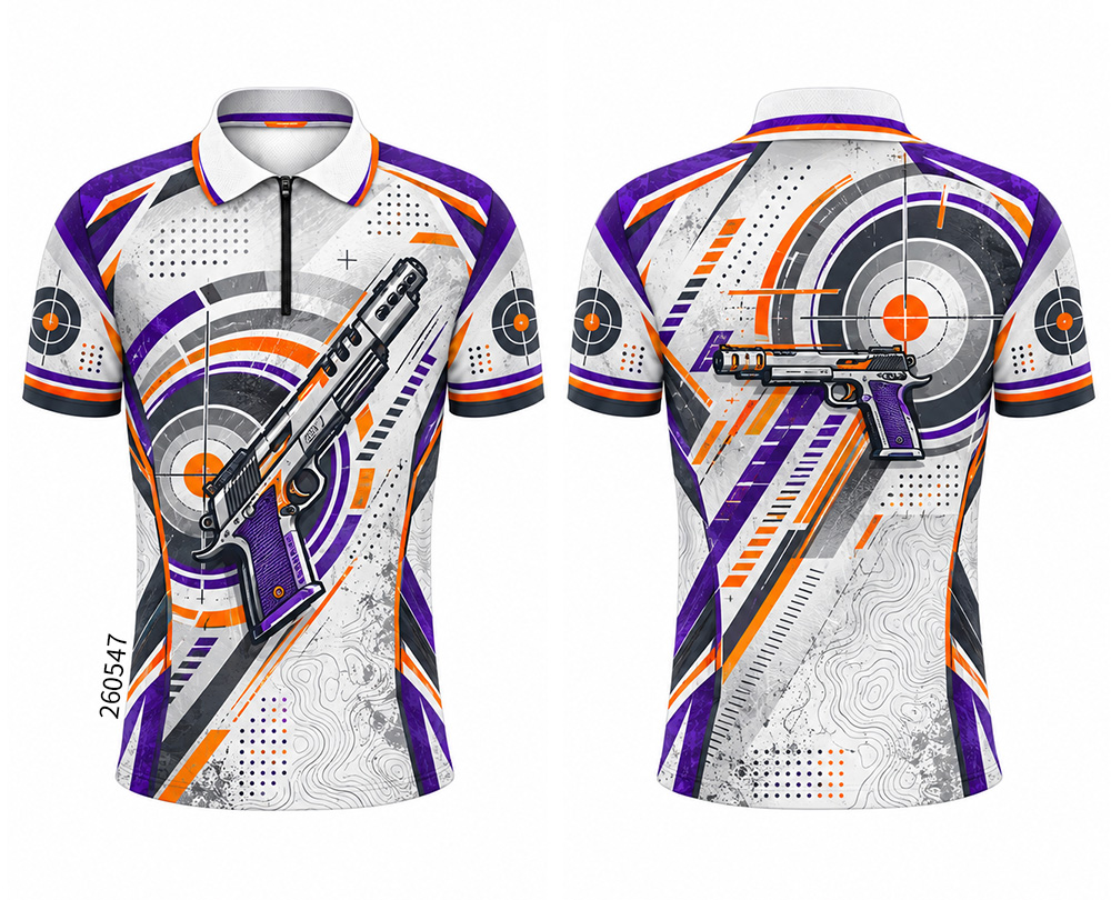 Front and back of a white collared shirt with purple and orange accents, pistol graphics and circular targets.