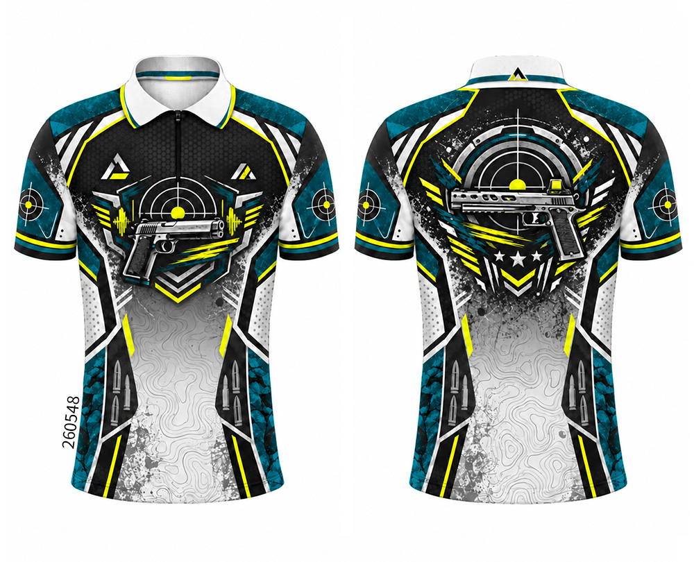 Front and back of a black collared shirt with teal and yellow accents, pistol graphics and circular targets.