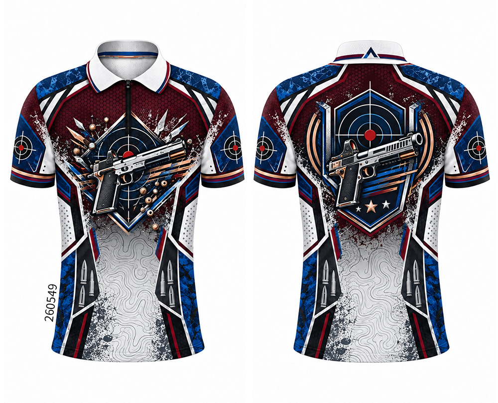 Front and back of a burgundy, blue and white collared shirt with pistol and target graphics.