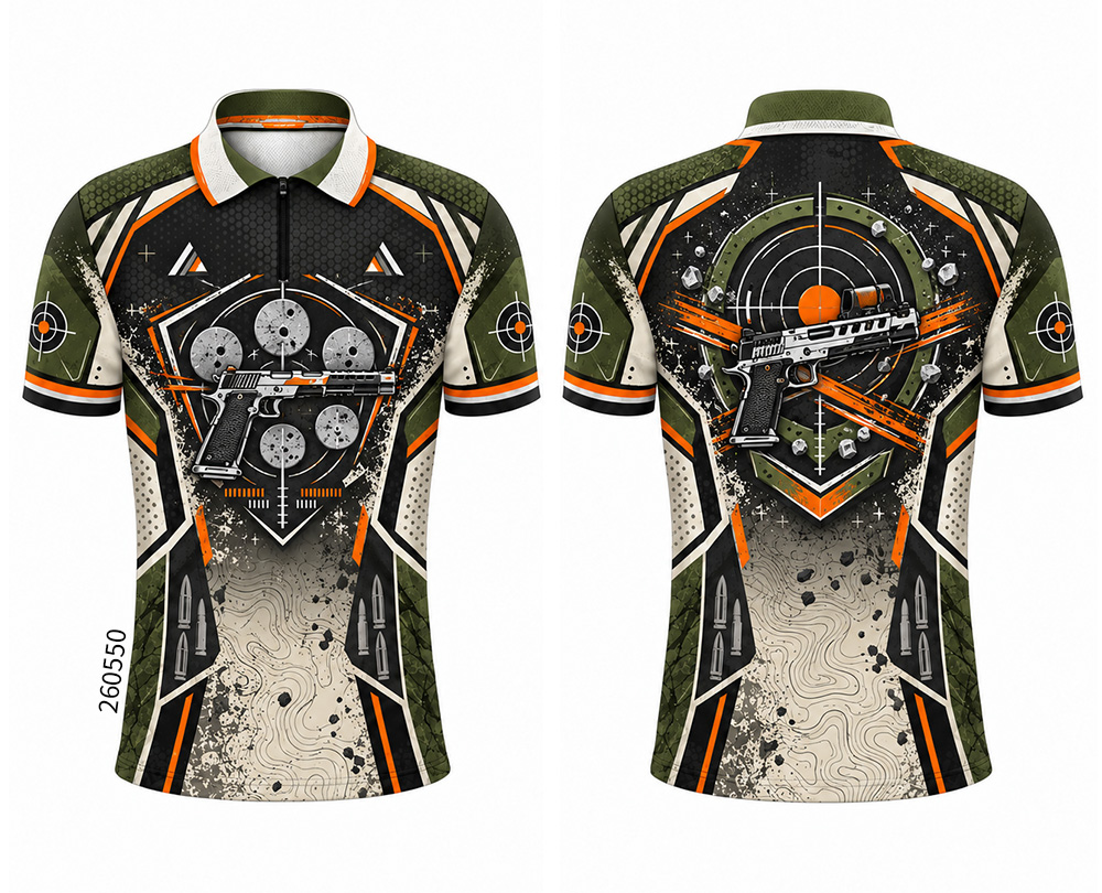 Front and back of an olive and black collared shirt with orange accents, pistol graphics and circular targets.
