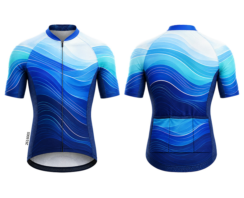Front and back of a blue and white jersey with wavy lines, a zipper and rear pockets.