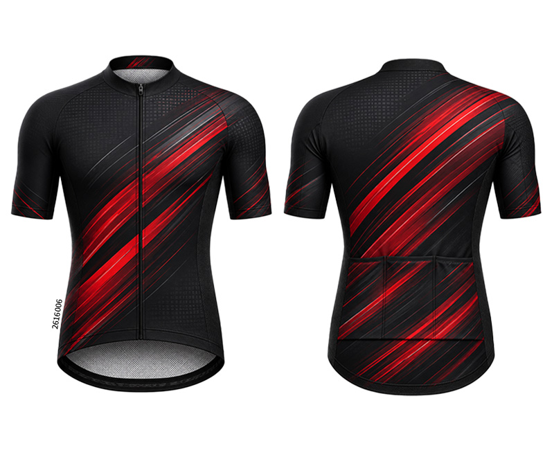 Front and back of a black jersey with red diagonal streaks, a zipper and rear pockets.