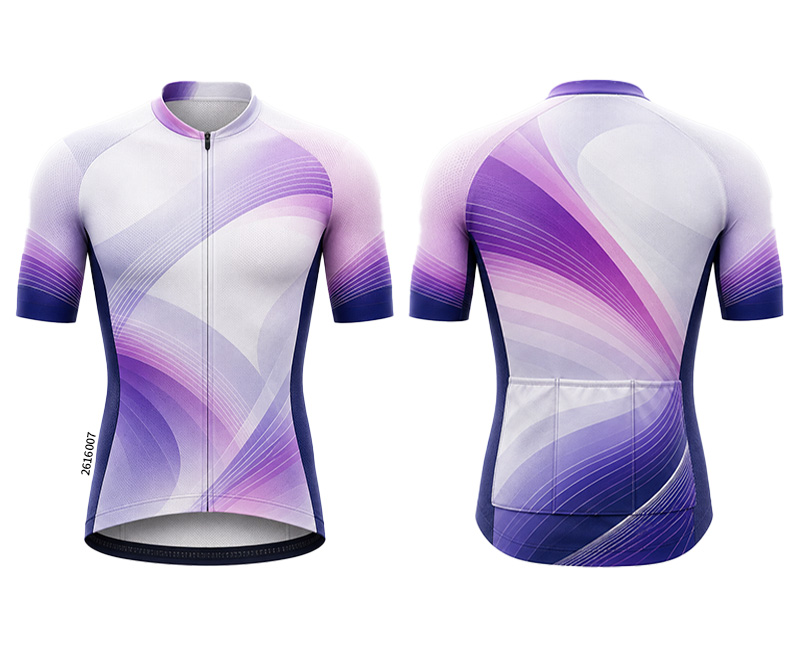 Front and back of a white and purple jersey with curved stripes, a zipper and rear pockets.