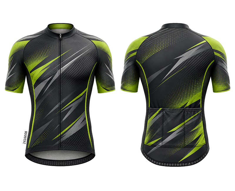 Front and back of a black jersey with lime and gray angular stripes, a zipper and rear pockets.