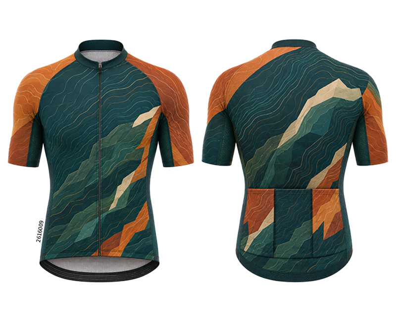 Front and back of a dark green jersey with orange sleeves, angular patterns, a zipper and rear pockets.