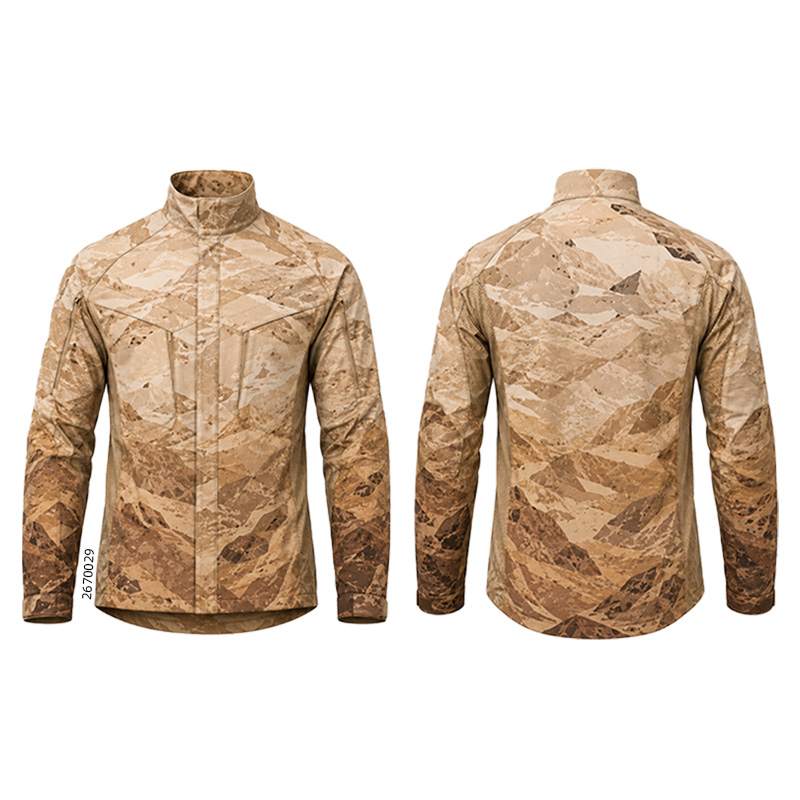 Front and back of a tan jacket with angular camouflage patterns and a high collar.