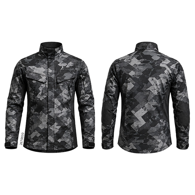 Front and back of a black and gray jacket with blocky camouflage patterns and a high collar.
