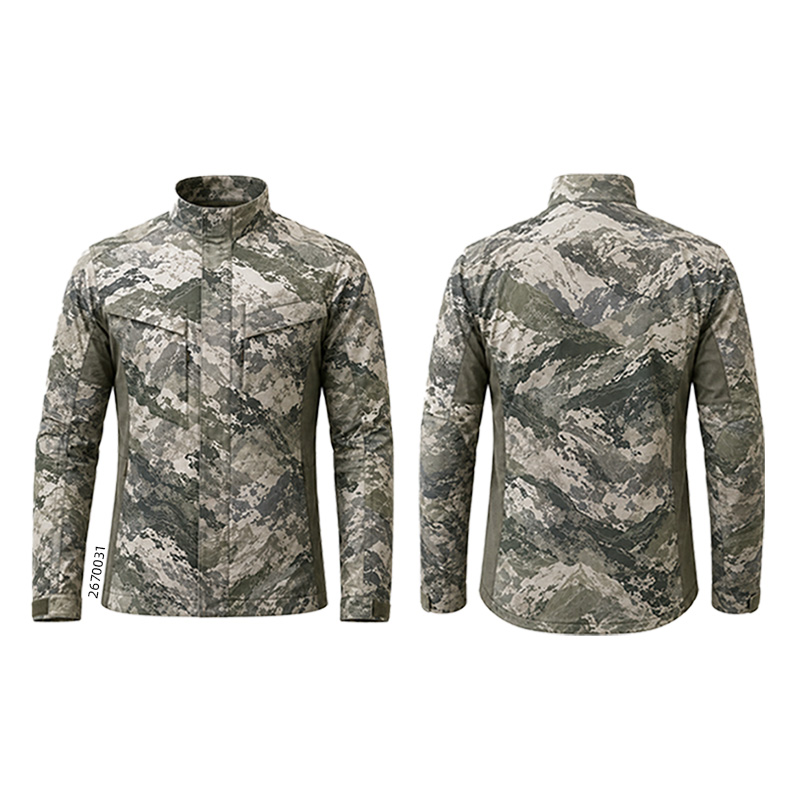Front and back of a gray and olive jacket with jagged camouflage patterns and a high collar.