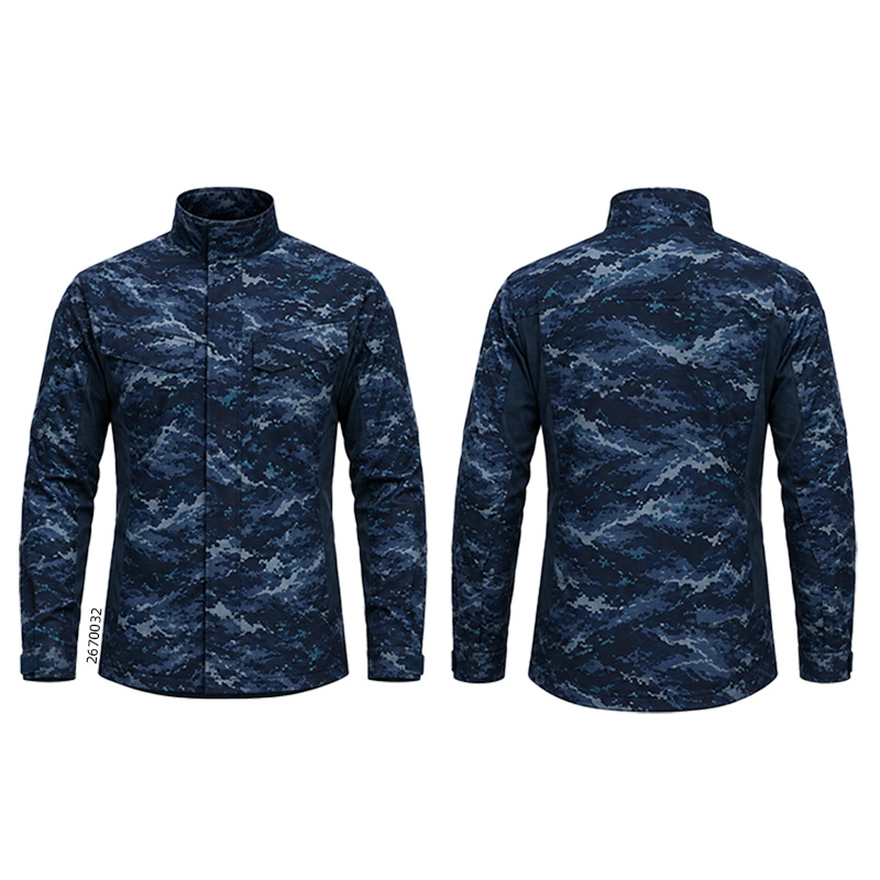 Front and back of a navy jacket with blue pixelated camouflage patterns and a high collar.