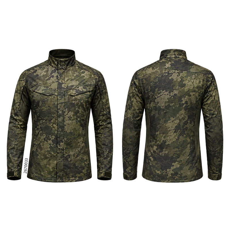Front and back of a dark olive jacket with black mottled camouflage patterns and a high collar.